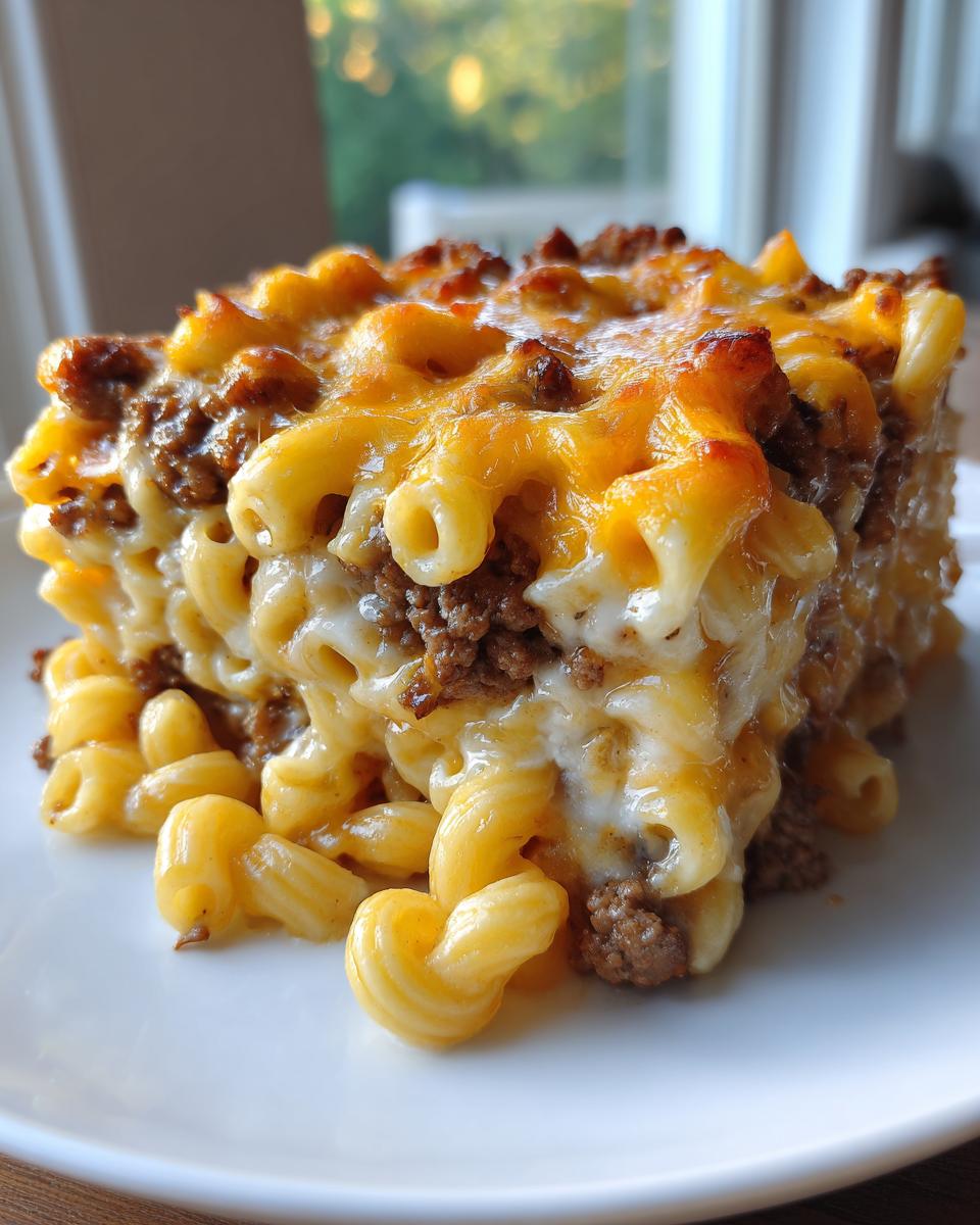 A square serving of cheesy cheeseburger casserole made with elbow macaroni, ground beef, and melted cheddar cheese.