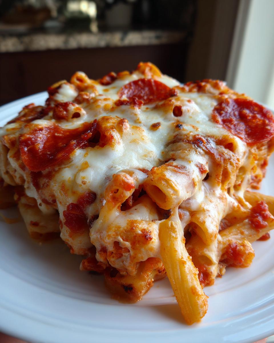 A close-up of a baked portion of pizza pasta covered in melted mozzarella cheese and pepperoni slices.