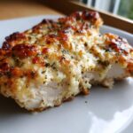 Close-up of juicy baked ranch chicken breast topped with melted, browned cheese and herbs.
