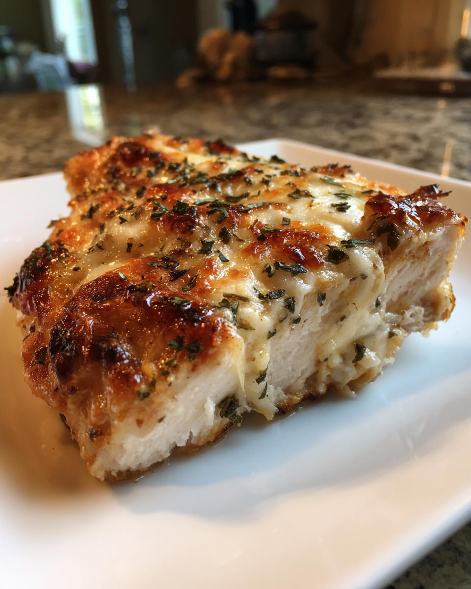 A close-up of a thick slice of baked ranch chicken topped with melted, browned cheese and green herbs.