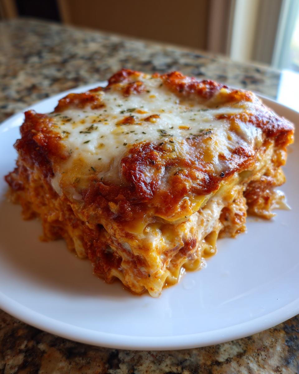 Close-up of a square serving of cheesy baked ravioli, layered with sauce and topped with melted mozzarella and herbs.