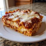 A generous, cheesy slice of baked ravioli casserole topped with melted mozzarella and rich tomato sauce.
