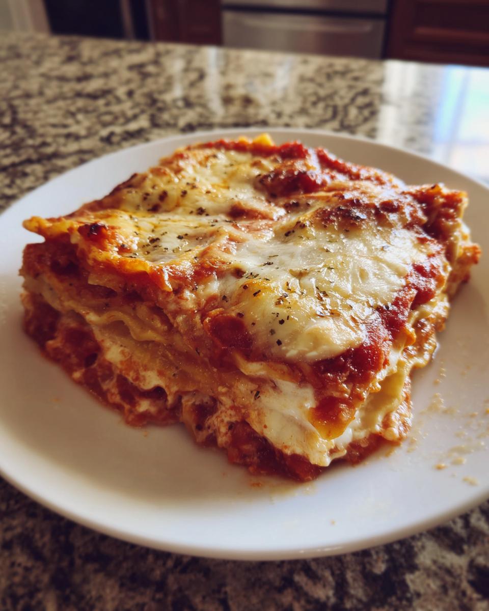 A close-up of a square slice of cheesy baked ravioli casserole with melted mozzarella and tomato sauce.
