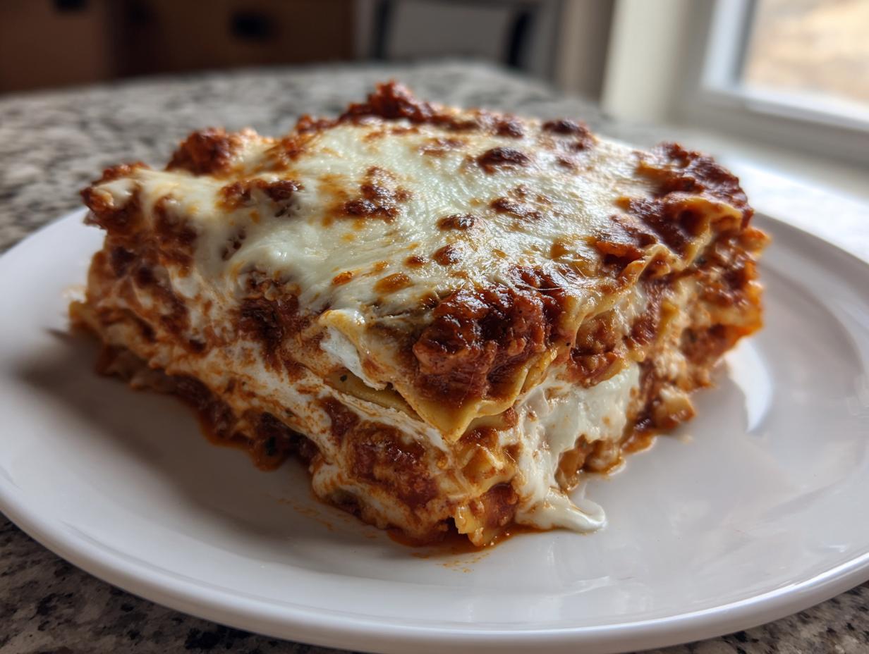 A decadent, layered slice of baked ravioli topped with melted, browned mozzarella cheese.