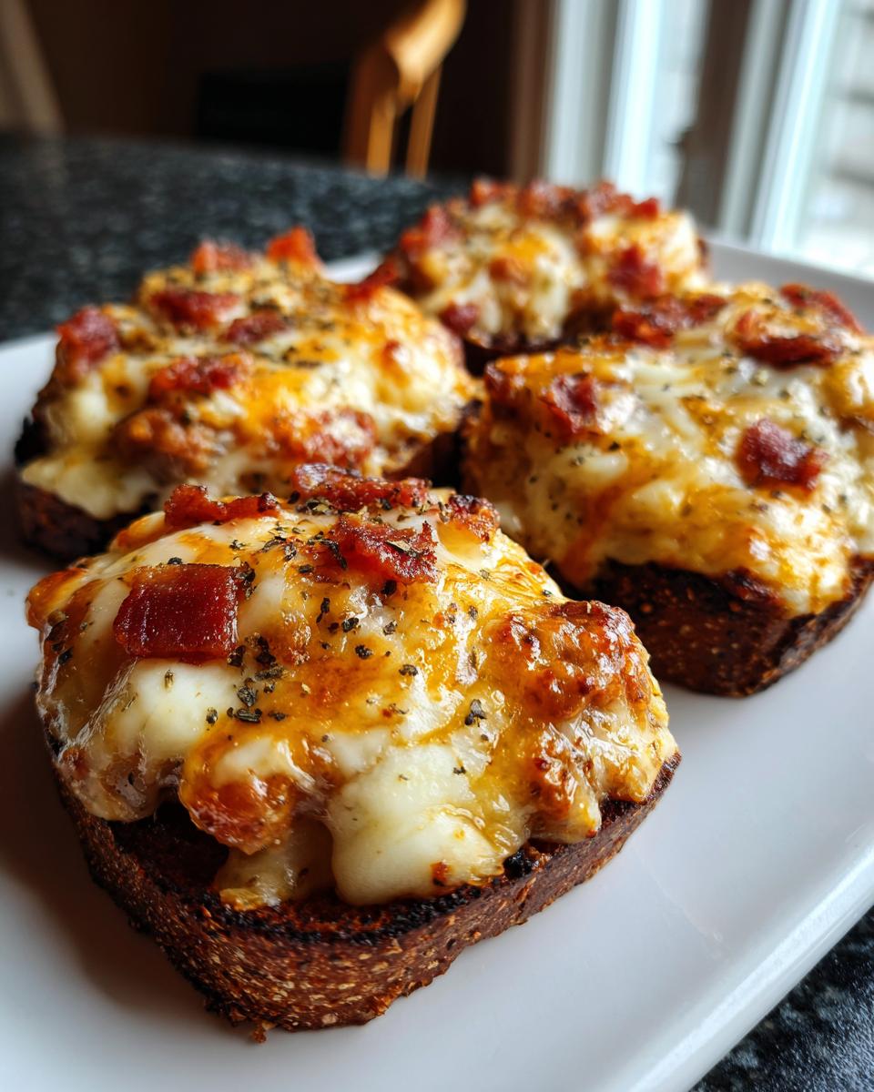 Four servings of the hanky panky recipe served open-faced on toasted bread, topped with melted cheese and meat.