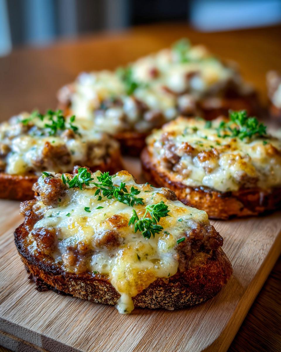 Close-up of cheesy, savory hanky panky recipe served on toasted bread slices, garnished with fresh thyme.