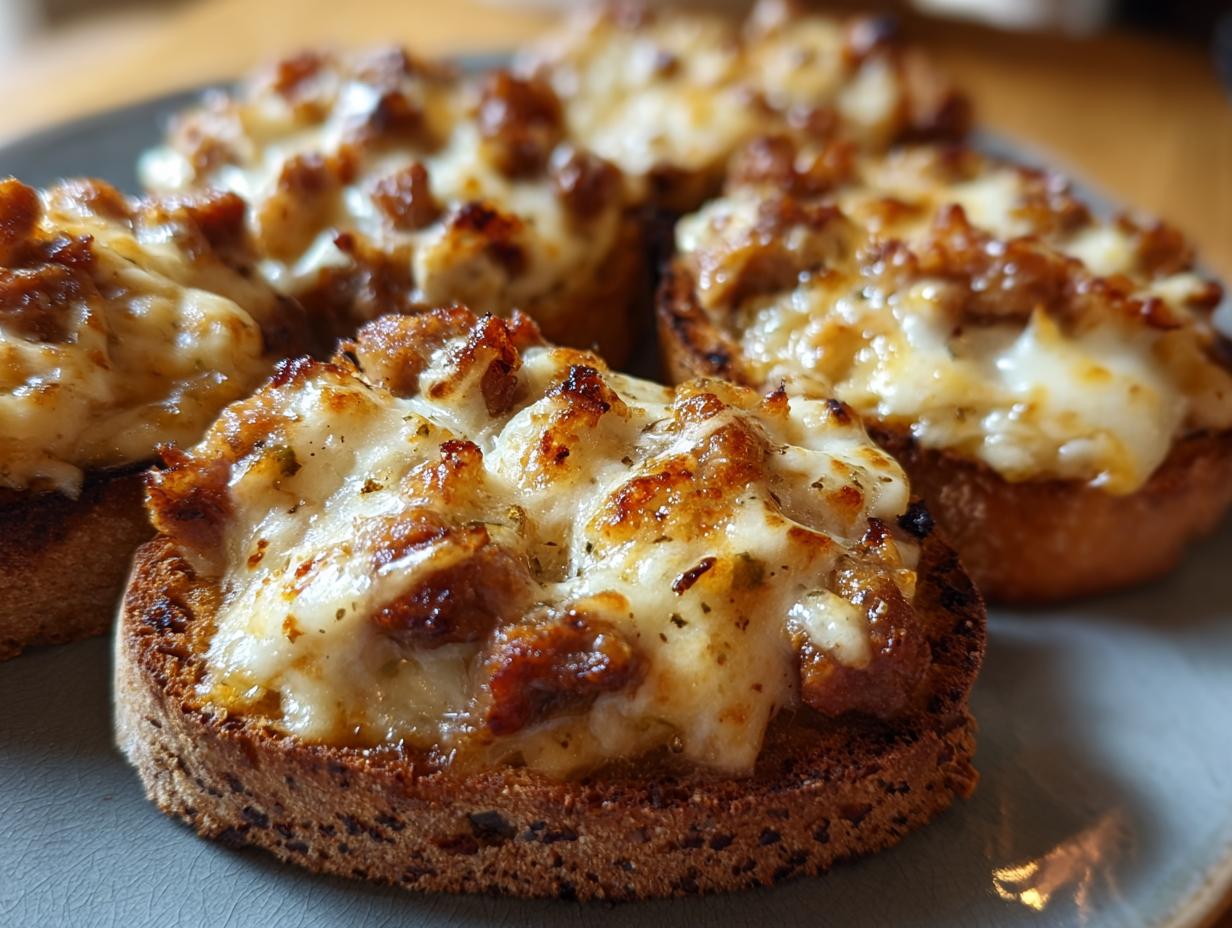 Close-up of several toasted bread rounds topped with melted, browned cheese and savory sausage mixture from the hanky panky recipe.