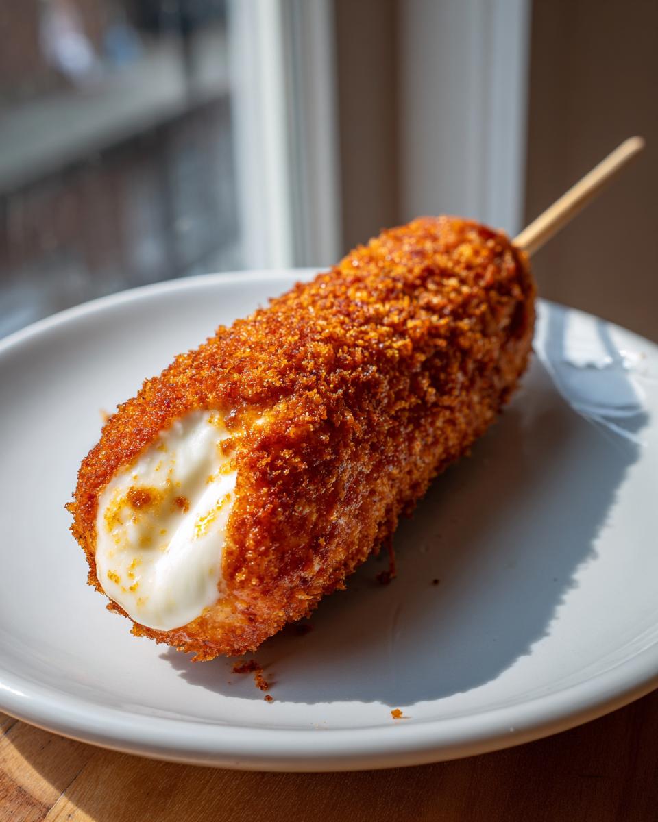 A close-up of a freshly fried korean corn dog showing melted mozzarella cheese oozing from the crispy, reddish-brown coating.