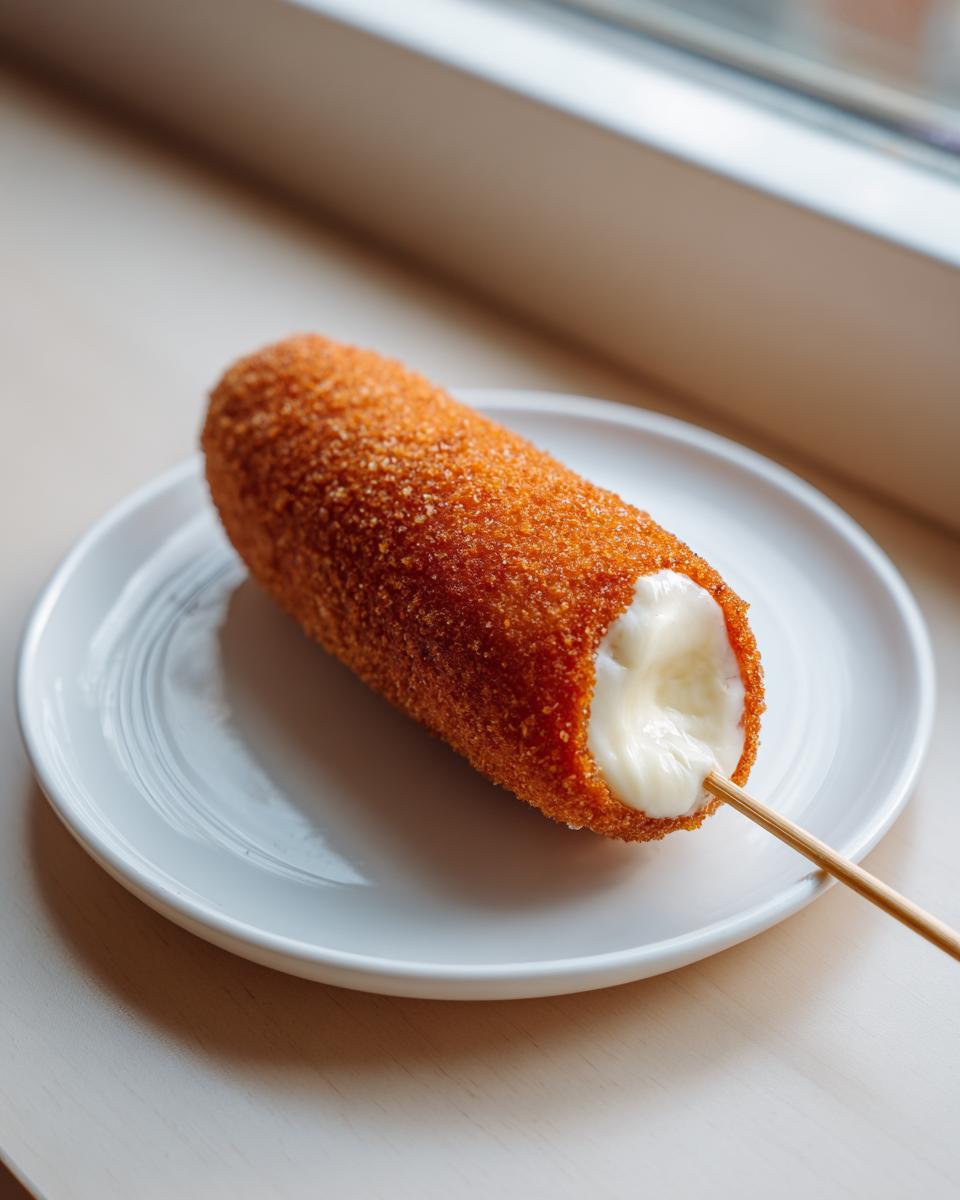 A crispy, golden-brown korean corn dog with melted, stretchy mozzarella cheese oozing out the end, served on a white plate.