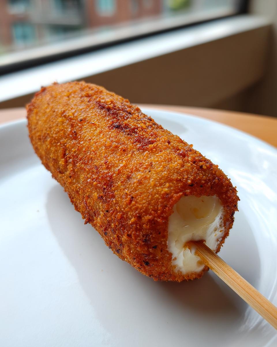 A close-up of a perfectly fried, crispy korean corn dog showing melted mozzarella cheese oozing out the end on a wooden skewer.