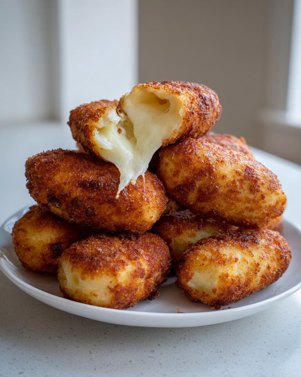 A stack of golden brown, fried potato croquettes with one split open showing a dramatic cheese pull.