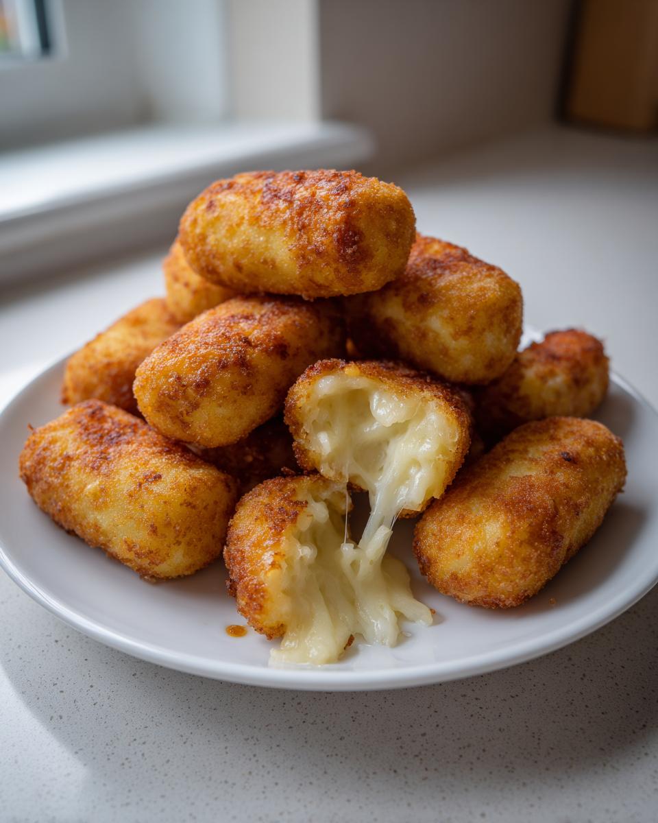 A pile of golden brown, crispy potato croquettes with one split open showing melted, stringy cheese inside.
