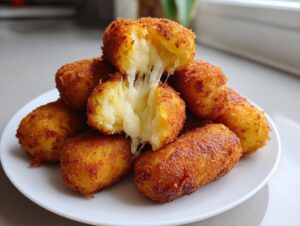 A stack of golden brown potato croquettes, one broken open showing a dramatic cheese pull.