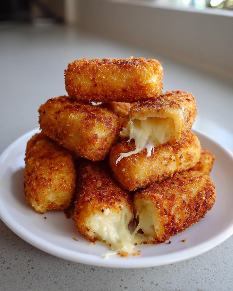 A stack of golden brown, crispy potato croquettes piled on a white plate, with one broken open showing a gooey, melted cheese center.