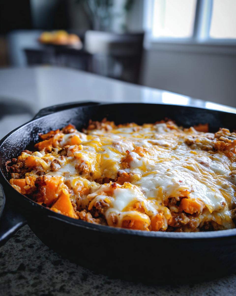 Close-up of a savory sweet potato skillet topped with melted cheddar and mozzarella cheese in a black cast iron pan.