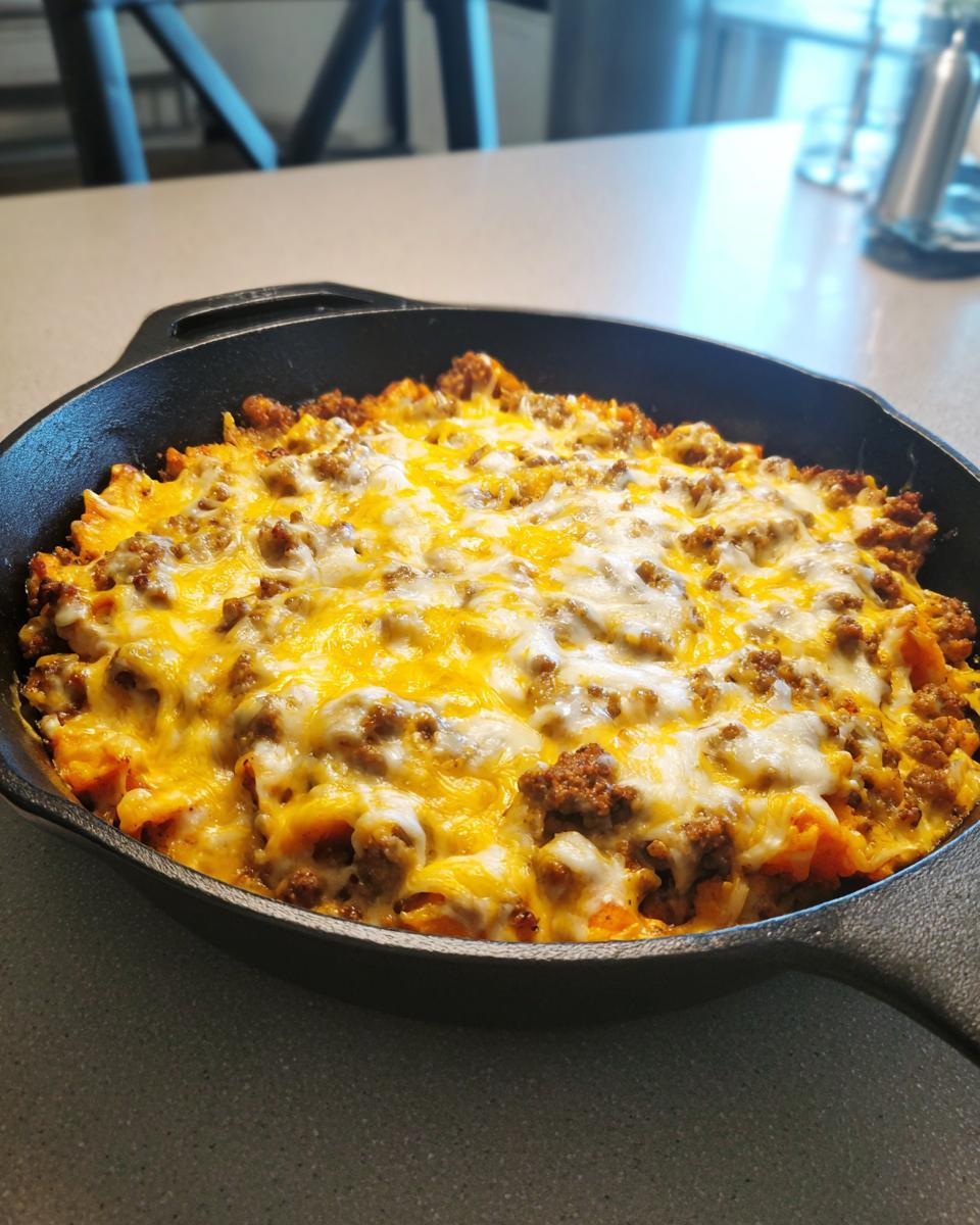 A close-up of a savory sweet potato skillet topped with browned ground beef and melted cheddar and white cheese.