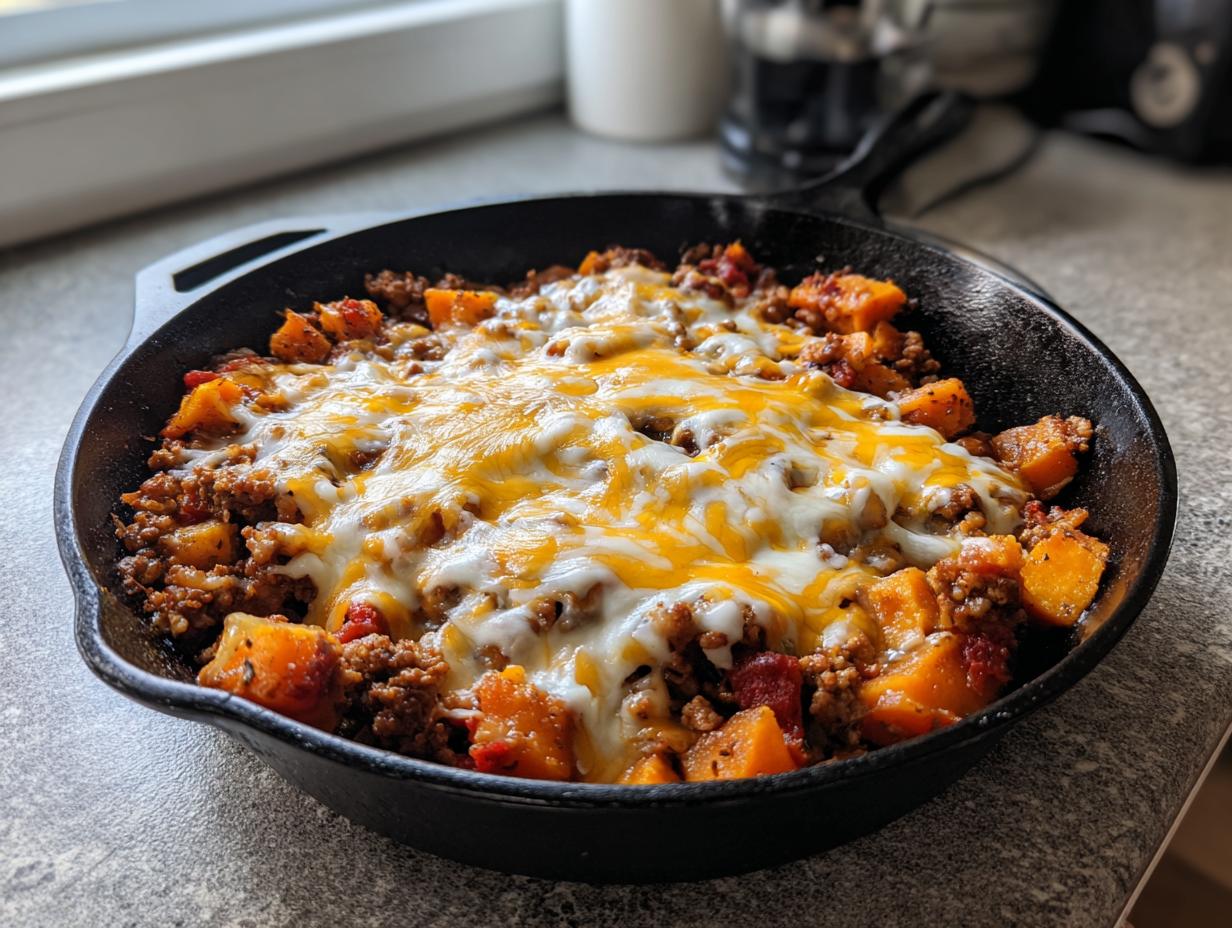 Close-up of a savory sweet potato skillet topped with melted white and orange cheese in a black cast iron pan.