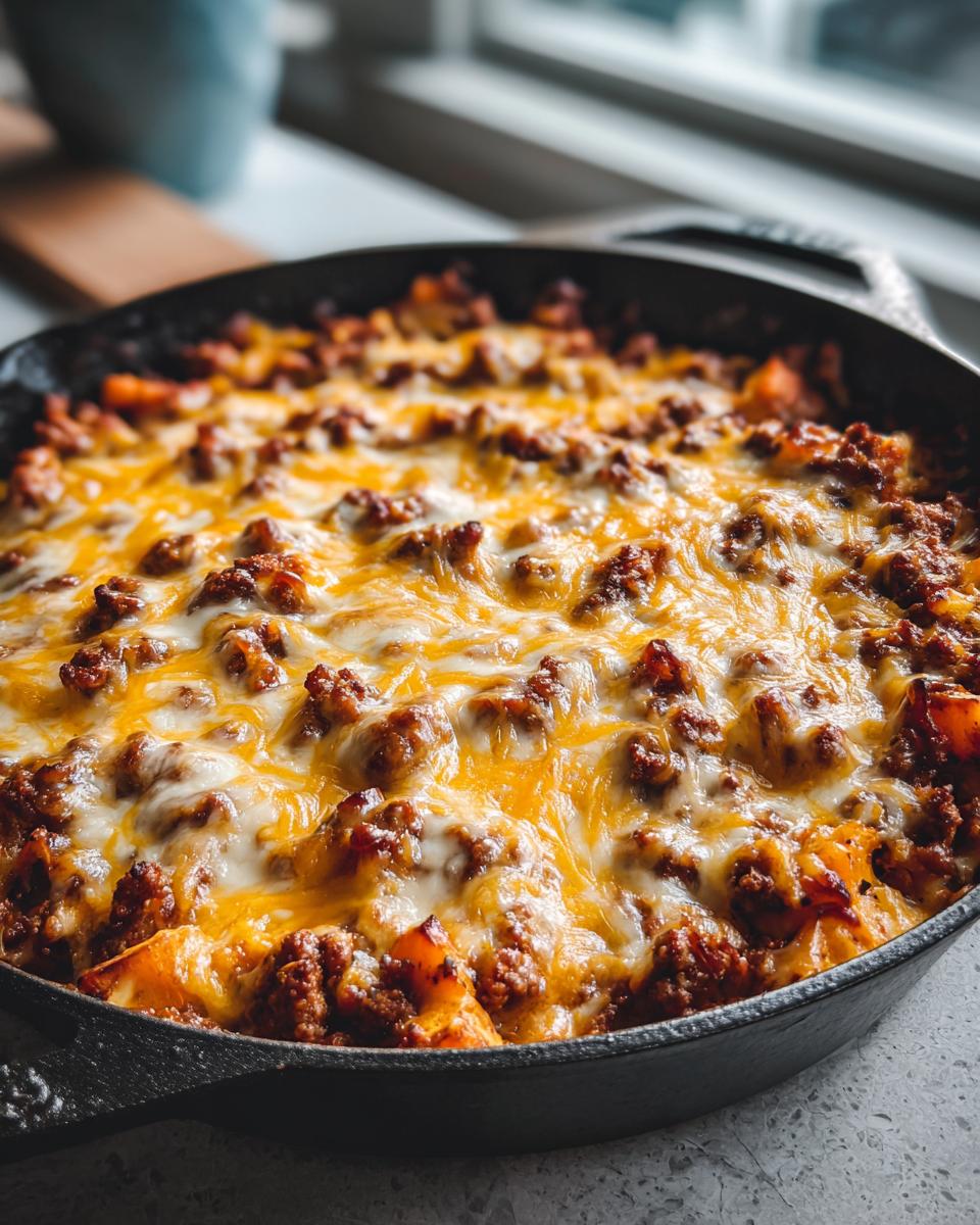 Close-up of a savory sweet potato skillet topped generously with browned ground meat and melted cheddar and Monterey Jack cheese.