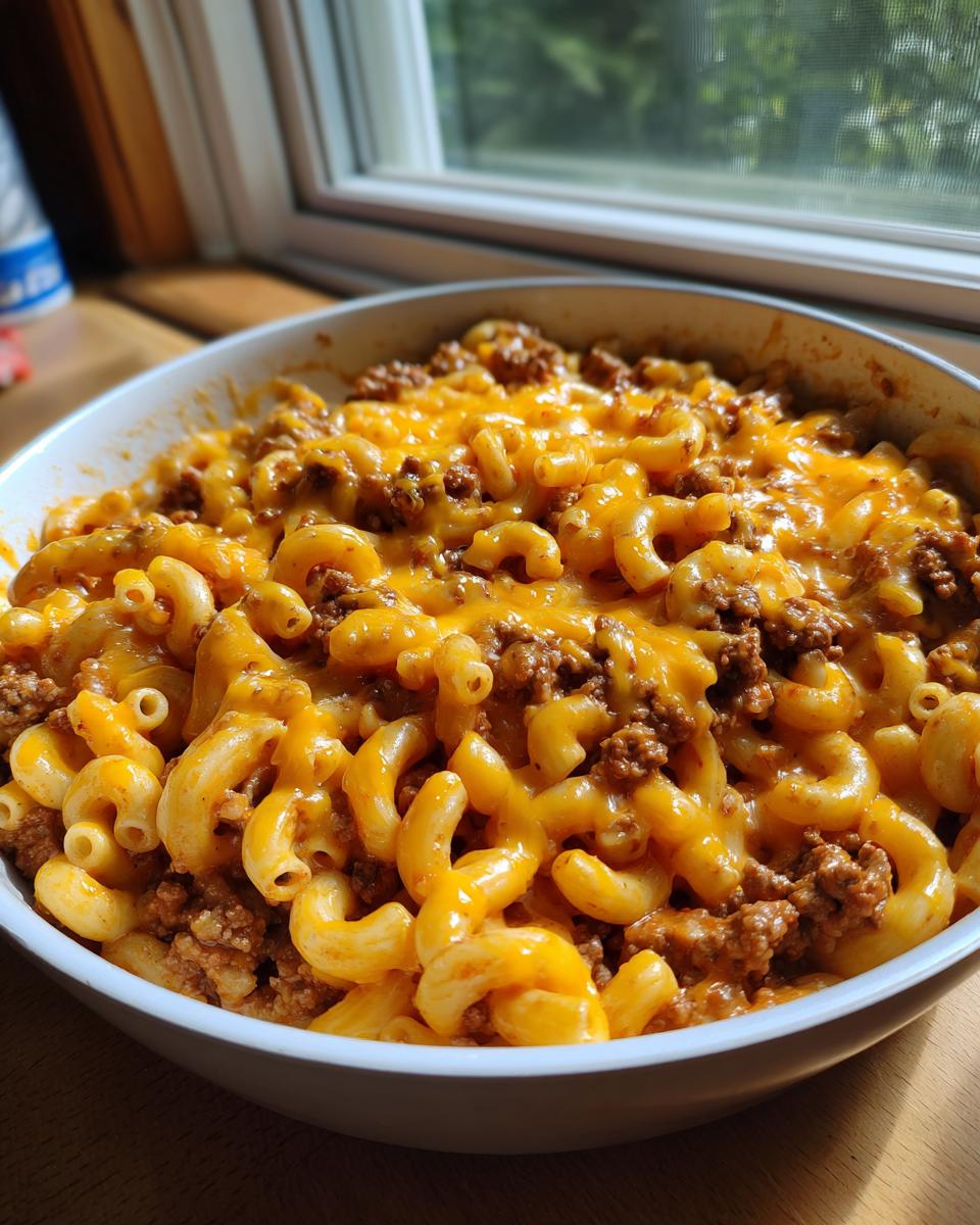 Close-up of a white bowl filled with cheesy taco pasta, featuring elbow macaroni, seasoned ground beef, and melted cheddar cheese.