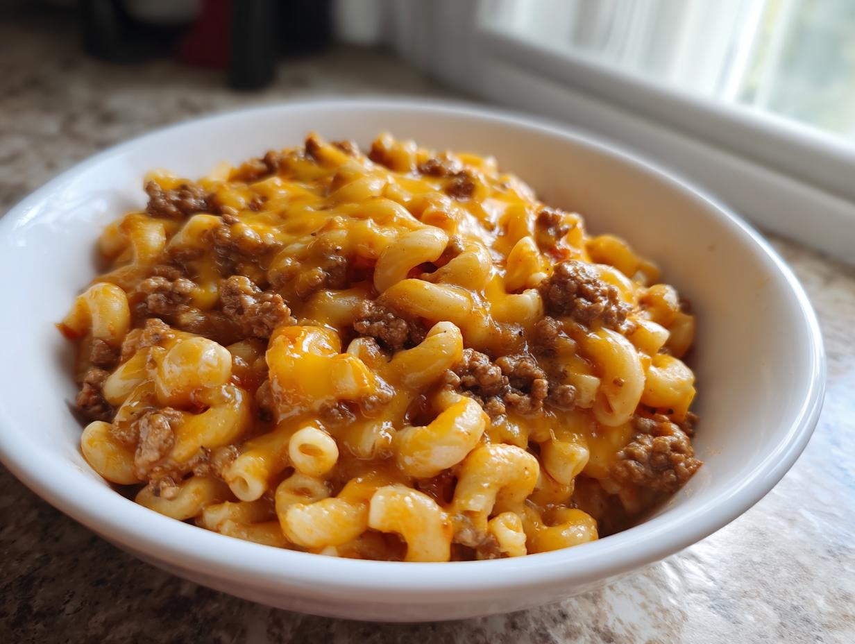 Close-up of a white bowl filled with creamy, cheesy taco pasta mixed with seasoned ground beef.
