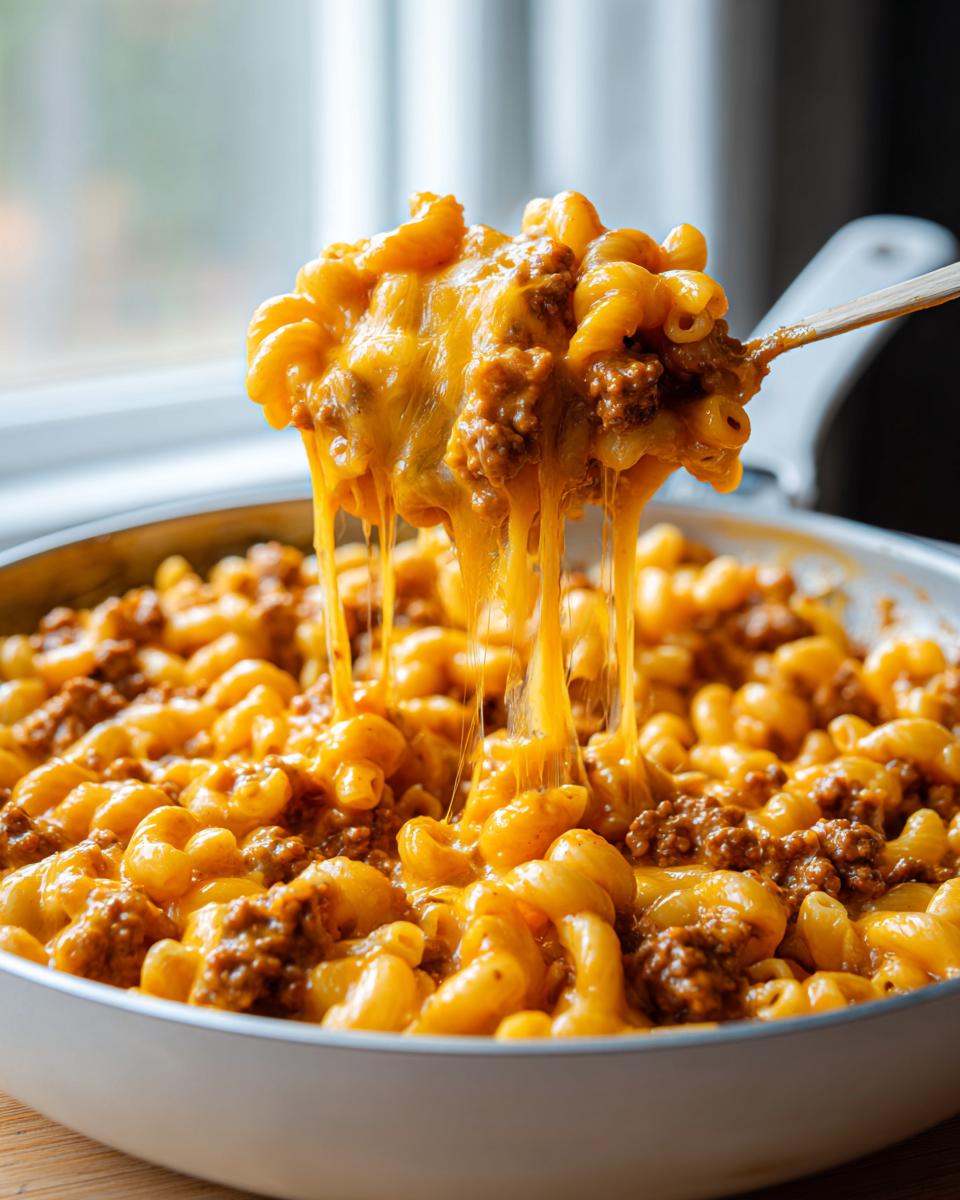 A spoonful of creamy, cheesy taco pasta with ground beef being lifted from the skillet, showing long cheese pulls.