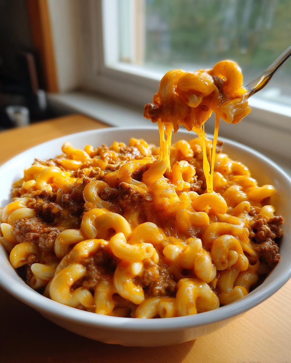 A fork lifting cheesy elbow macaroni from a bowl of rich taco pasta, showing long cheese pulls.