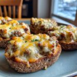 Close-up of cheesy, savory topping on toasted bread slices, ready to serve as a hanky panky recipe appetizer.