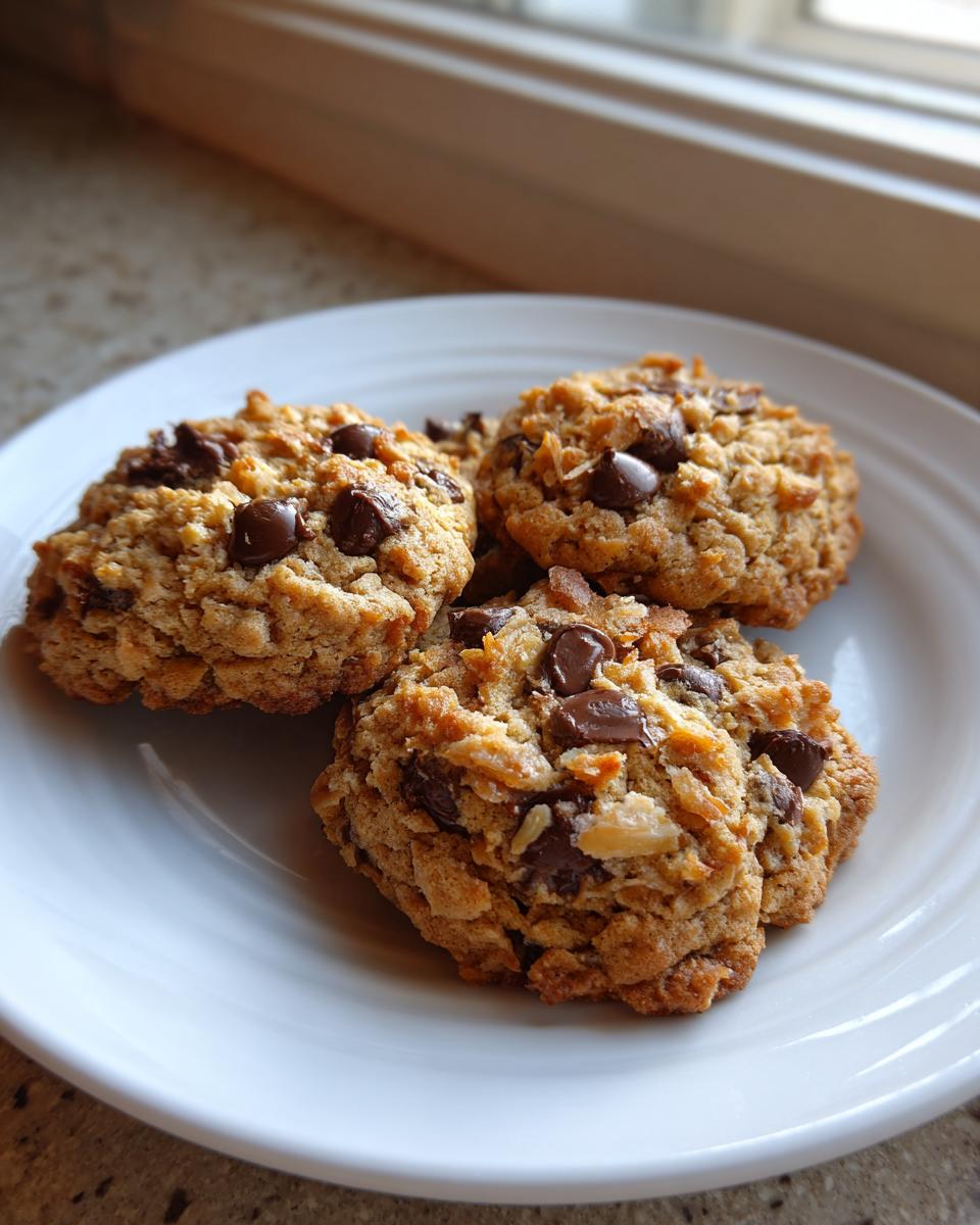 A close-up of three freshly baked almond joy cookies loaded with chocolate chips and coconut flakes on a white plate.