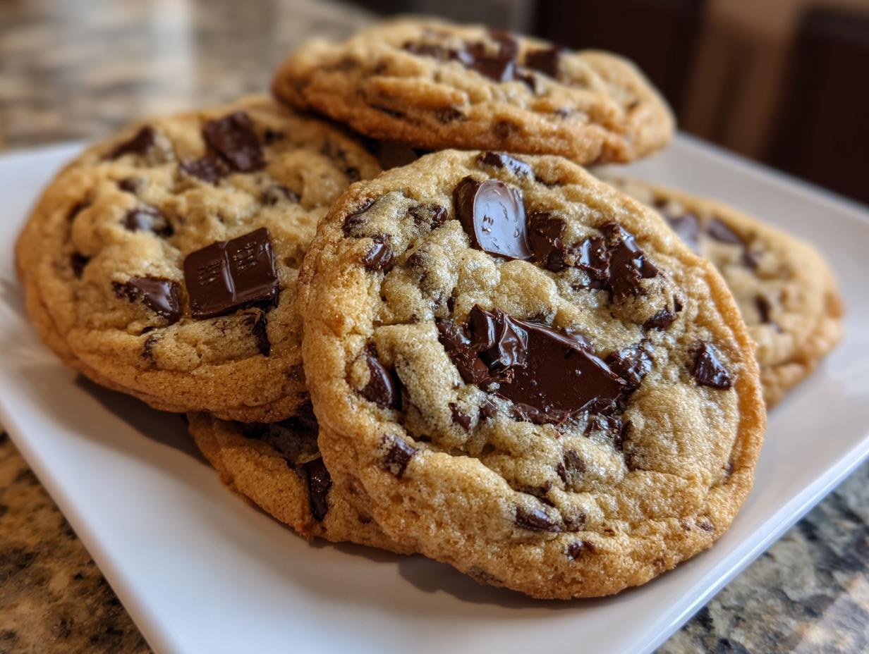 Close-up of several perfectly baked chewy chocolate chip cookies piled on a white plate.