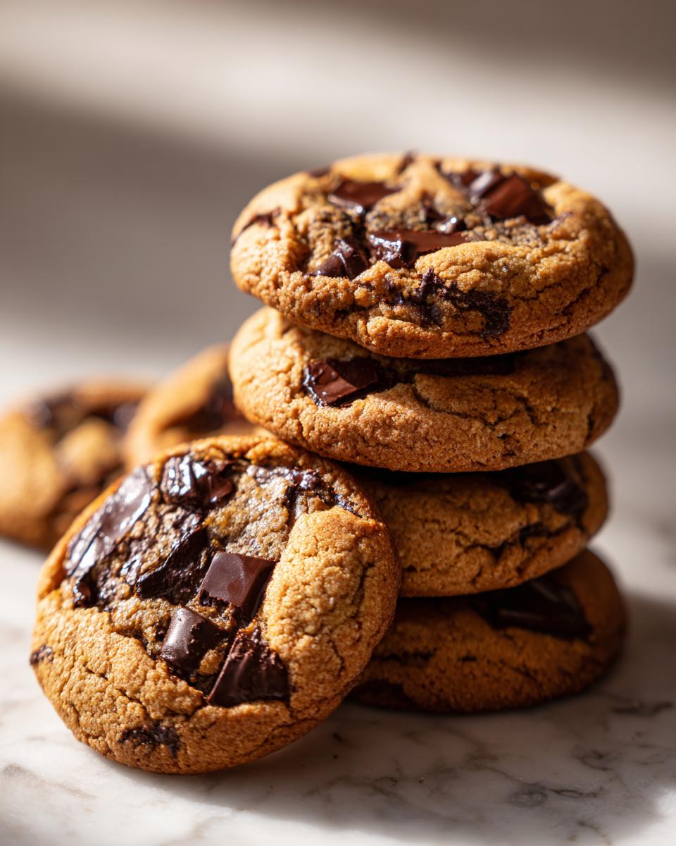 A stack of four perfectly baked chewy chocolate chip cookies loaded with melted chocolate chunks.