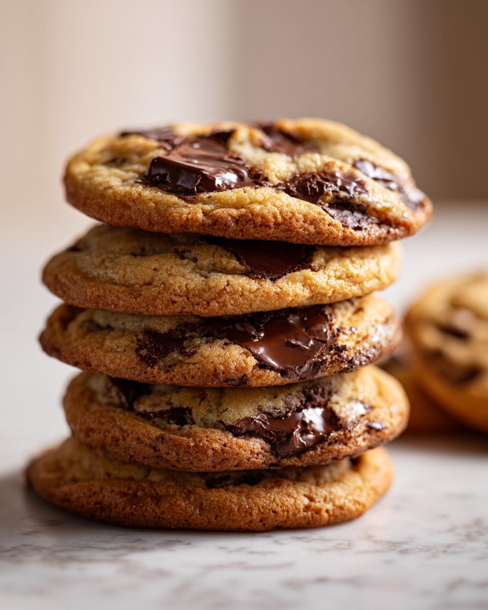 A vertical stack of four perfectly baked, chewy chocolate chip cookies showing gooey, melted chocolate chunks.