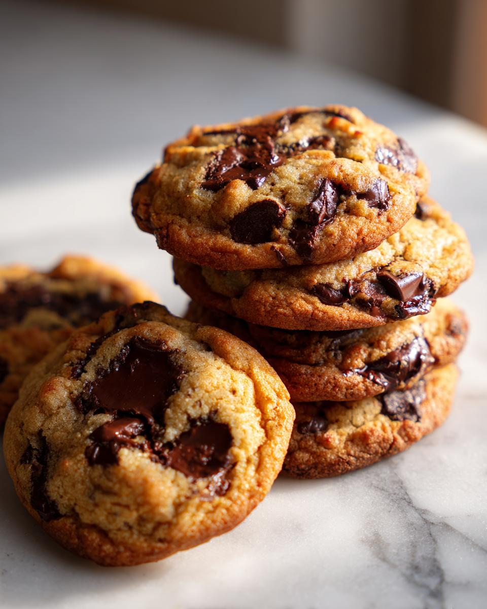 A close-up stack of freshly baked chewy chocolate chip cookies featuring gooey, melted chocolate chunks.