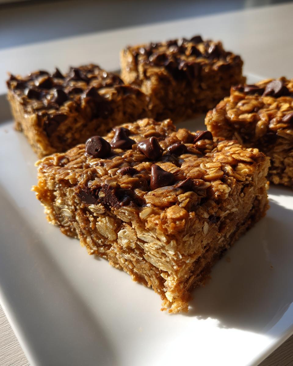 A close-up of several chewy oatmeal bars topped with melted chocolate chips, served on a white plate.