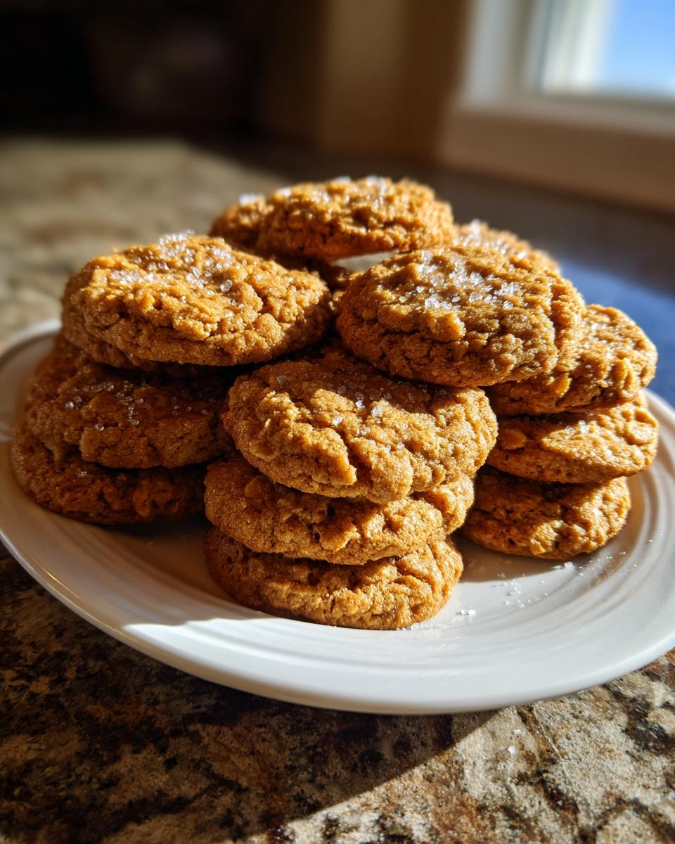 A stack of freshly baked, golden brown oatmeal cookies sprinkled with coarse sugar, dramatically lit by sunlight.