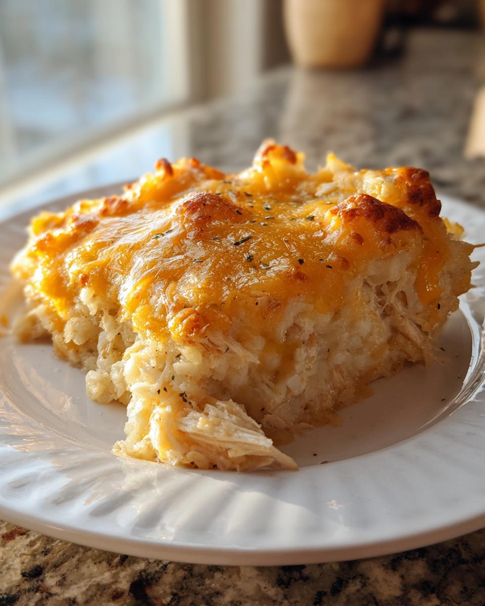 A close-up serving of chicken cauliflower rice casserole topped with melted, browned cheddar cheese.