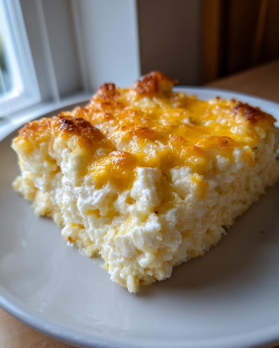 A square serving of creamy chicken cauliflower rice casserole topped with melted, golden-brown cheddar cheese.