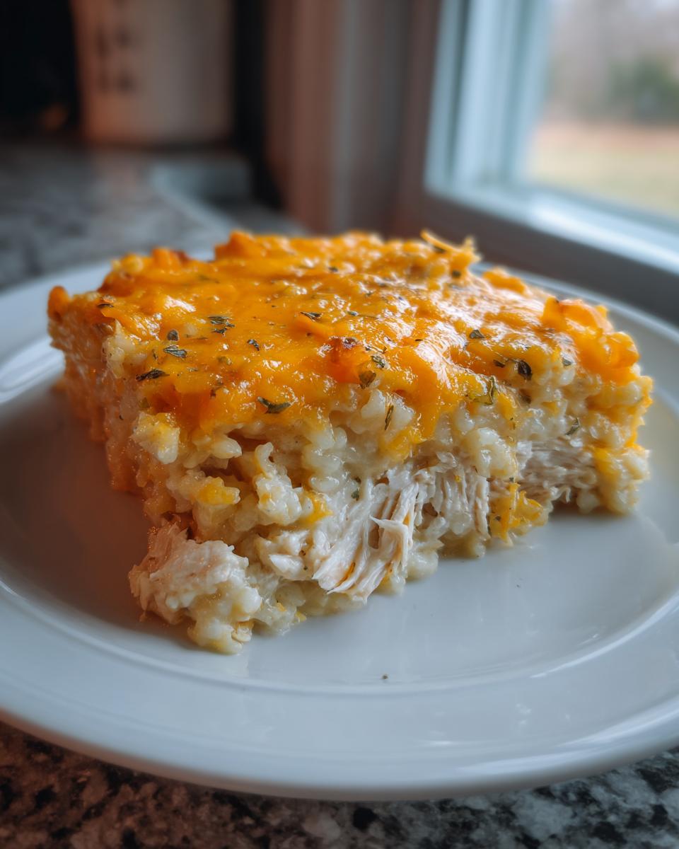 A square serving of chicken cauliflower rice casserole topped with melted cheddar cheese and herbs.
