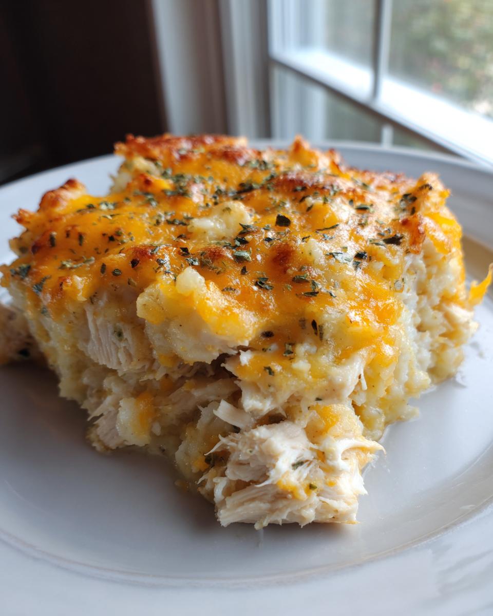A close-up slice of chicken cauliflower rice casserole topped with melted cheddar cheese and herbs.