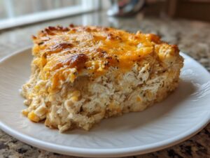A hearty slice of chicken cauliflower rice casserole topped with melted, browned cheddar cheese.