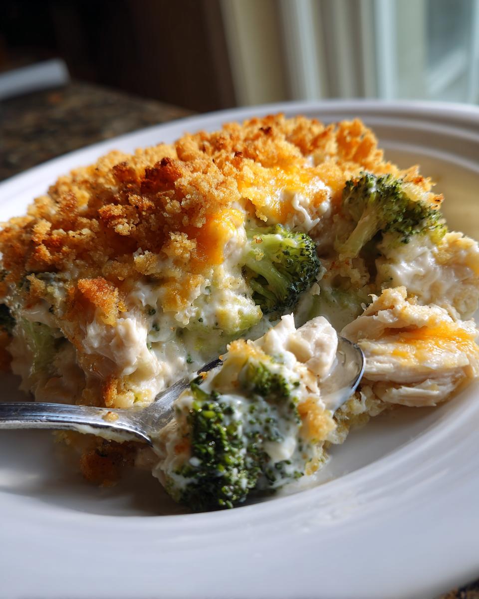 A spoonful of creamy Chicken Divan casserole featuring broccoli florets, shredded chicken, and a golden brown crumb topping.