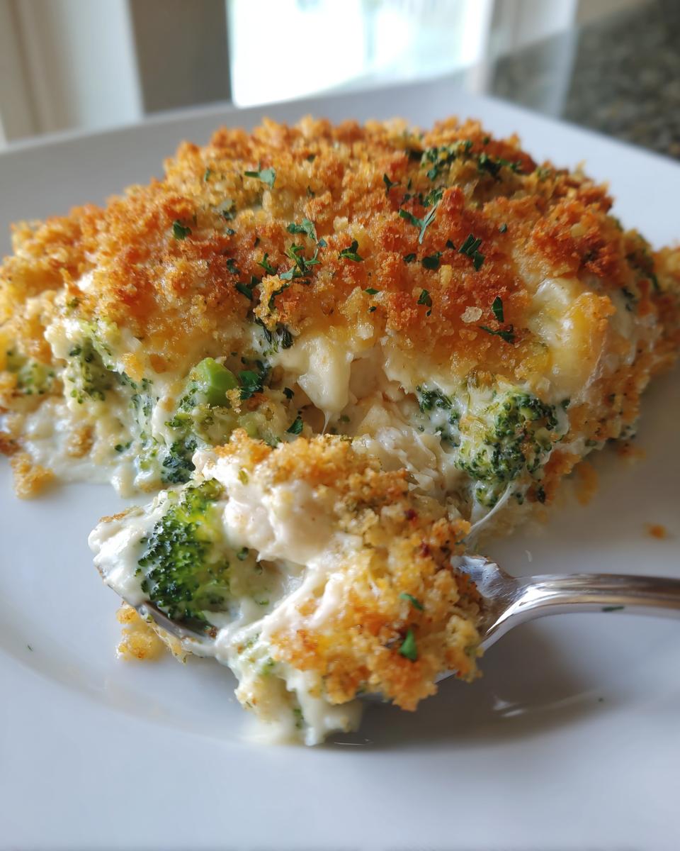 A spoonful of creamy Chicken Divan casserole with broccoli florets and a crispy golden topping.