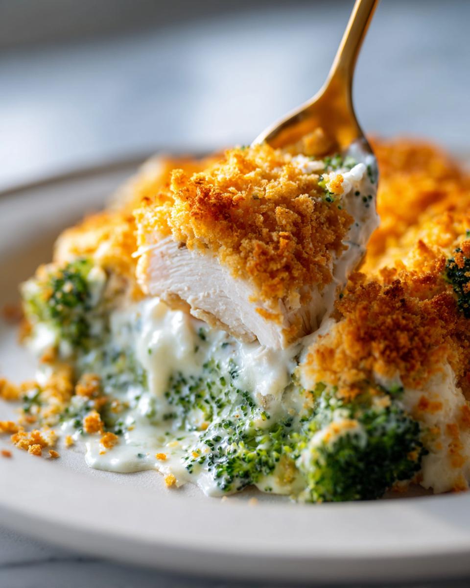 A golden fork lifts a piece of chicken with crispy topping from a creamy Chicken Divan casserole with bright green broccoli.