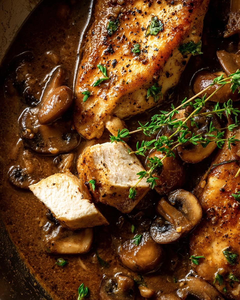 Close-up of pan-seared chicken marsala breasts simmering in a rich, dark mushroom sauce, garnished with fresh thyme.