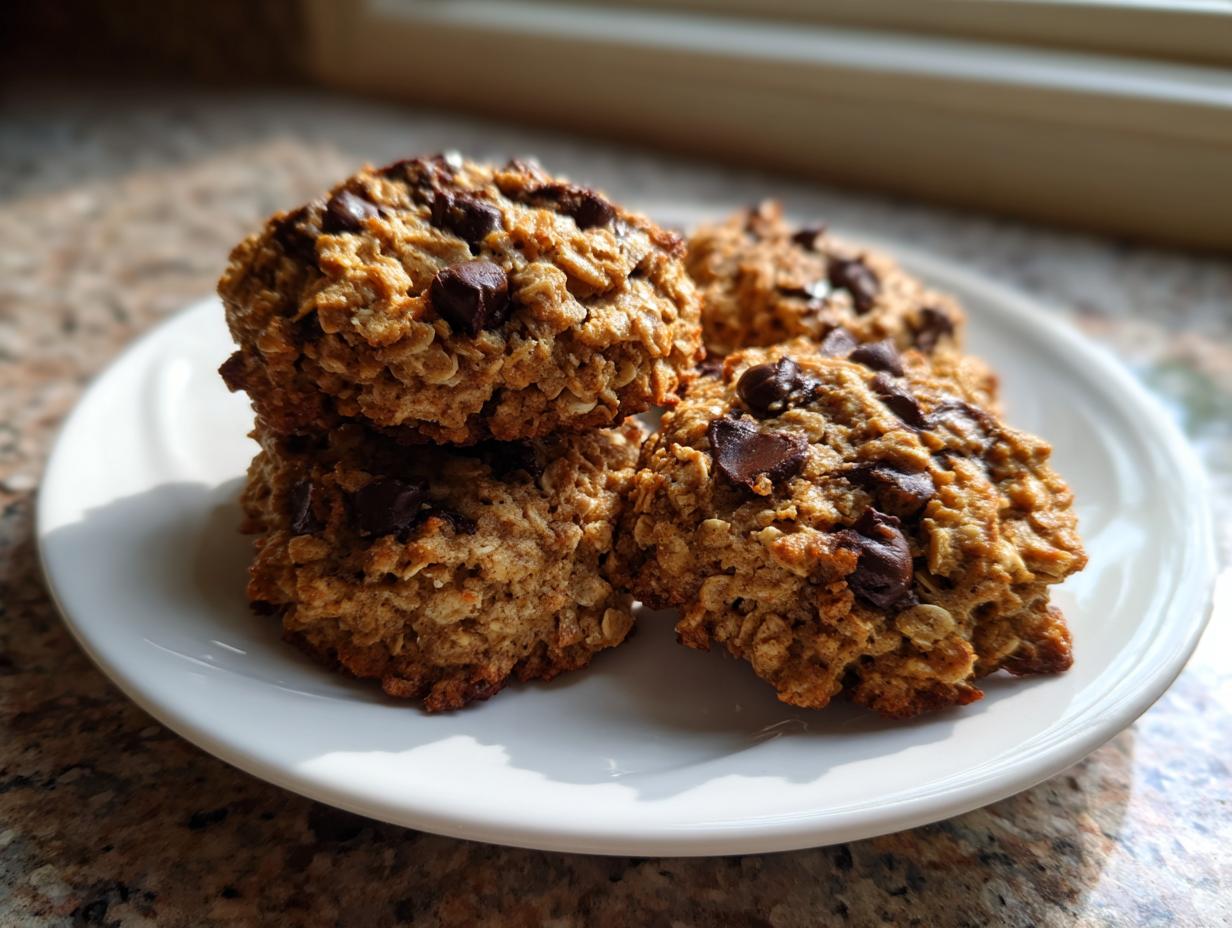Four homemade chocolate chip breakfast cookie stacked and arranged on a small white plate, catching bright sunlight.