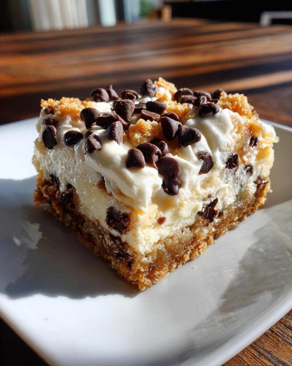 A square slice of chocolate chip cheesecake bar with a graham cracker crust, topped with cream cheese frosting and mini chocolate chips.