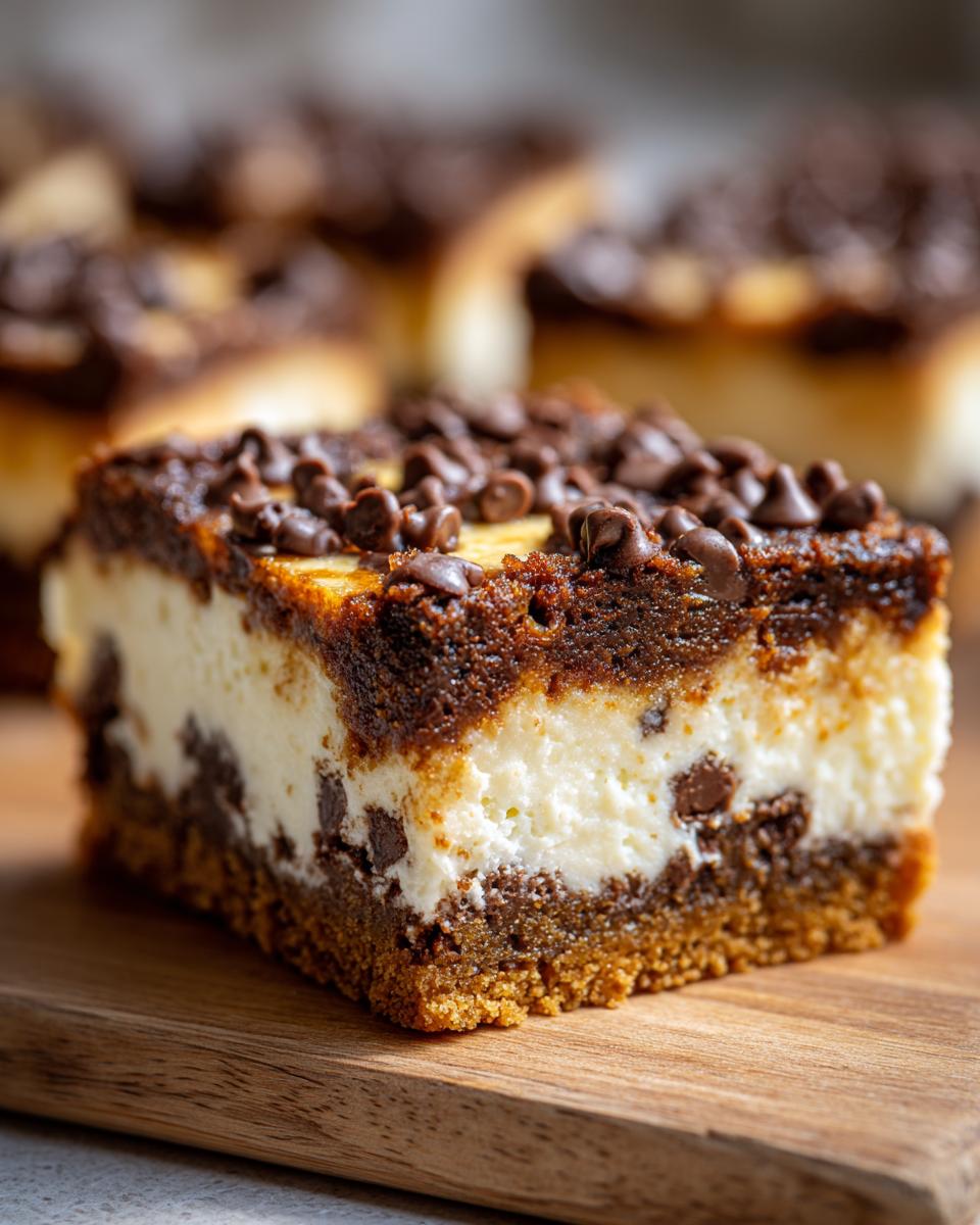 Close-up of a rich chocolate chip cheesecake bar with a thick, creamy center and a dense brownie top covered in mini chocolate chips.