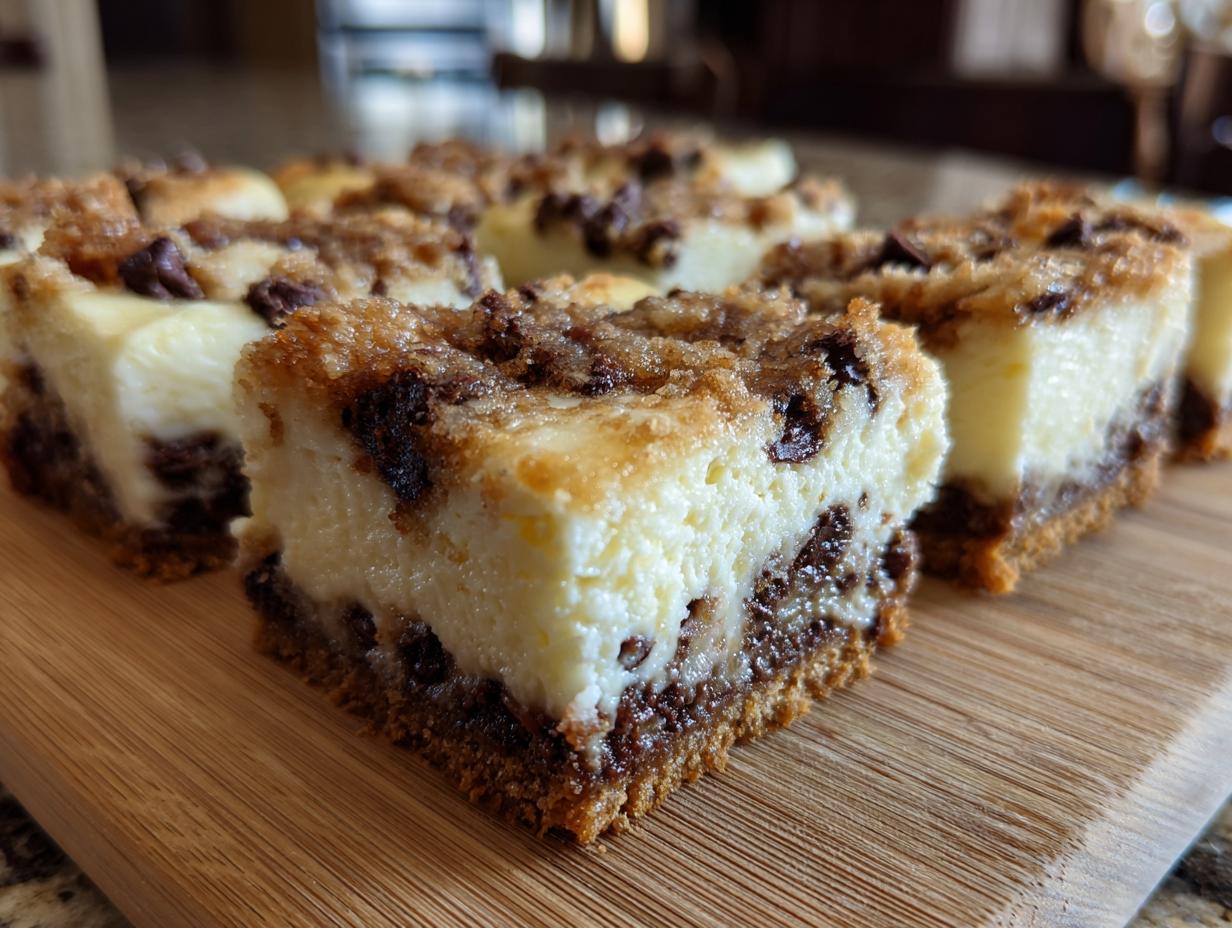 Close-up of rich chocolate chip cheesecake bars with a crumbly topping on a wooden board.