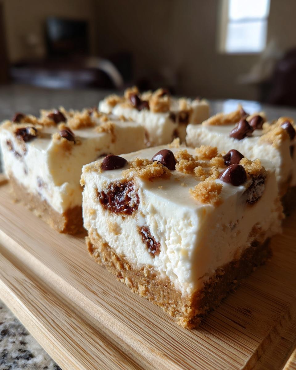 Four slices of creamy chocolate chip cheesecake bars with graham cracker crust, topped with chocolate chips.