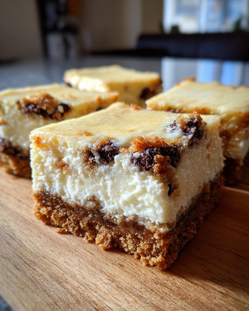 A close-up of a square slice of rich chocolate chip cheesecake on a wooden board, showing the graham cracker crust.