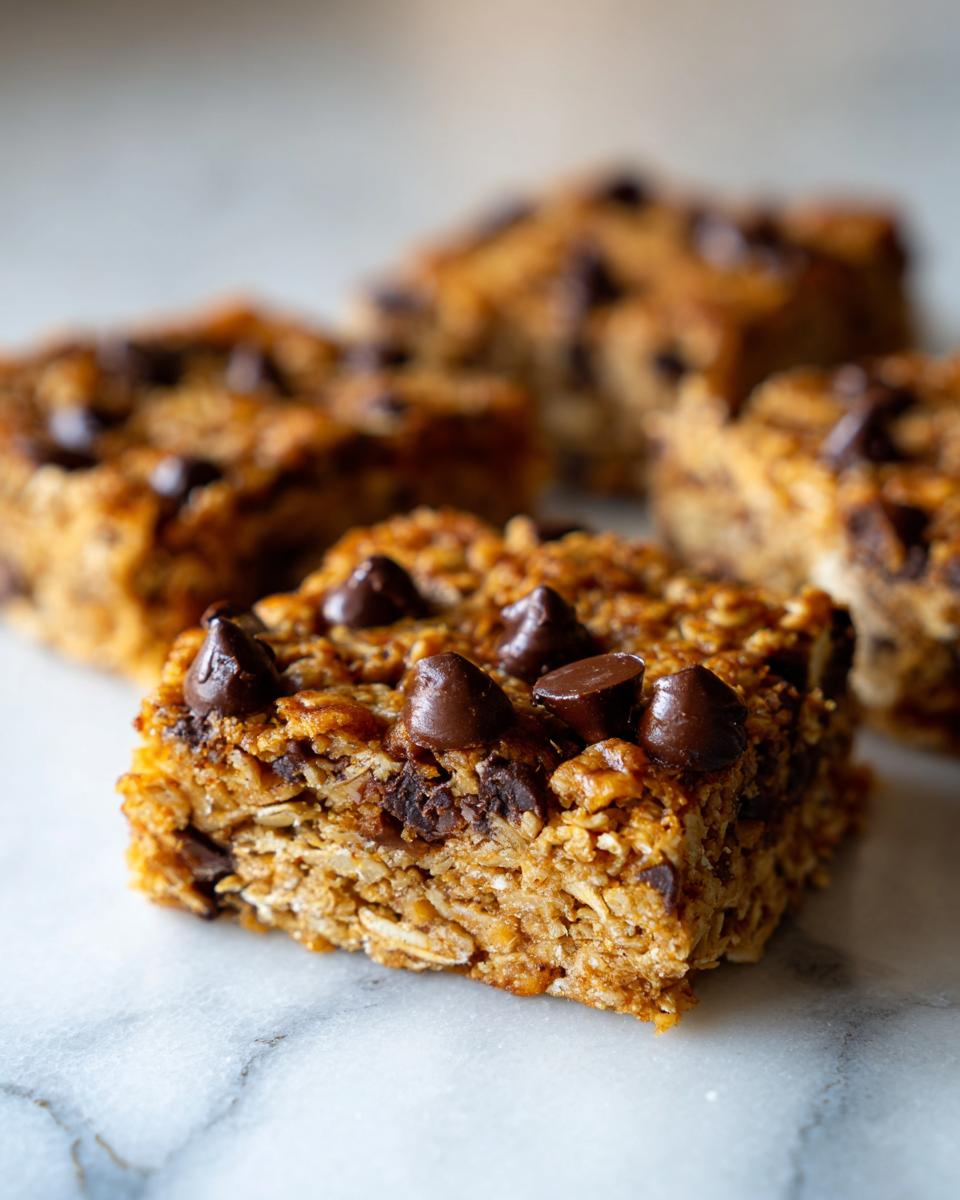 A close-up of a freshly cut chocolate chip oatmeal bars square showing oats and melted chocolate chips.